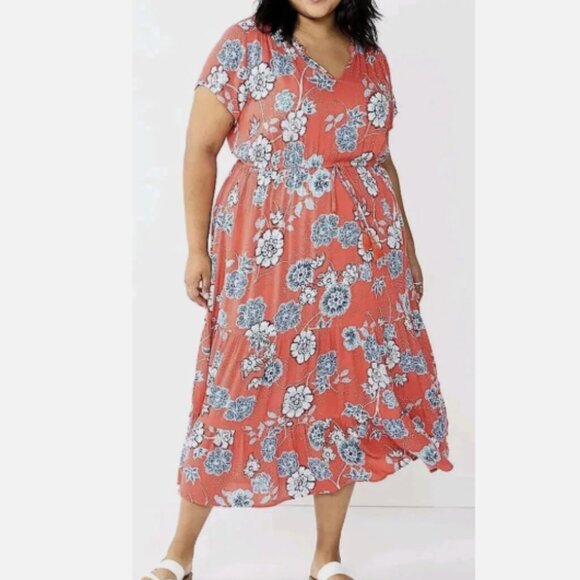 Sonoma Summer Red Floral Short Sleeve V-Neck Tiered Maxi Dress Plus Size 3X NWT - Picture 1 of 15